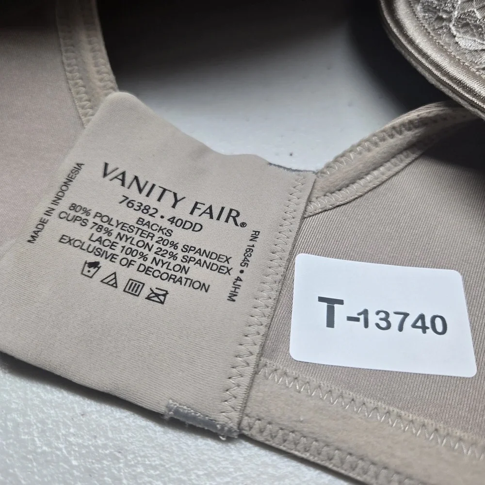 Vanity Fair Women Bra 40DD Beige T Shirt Underwired‎ Lace Strap